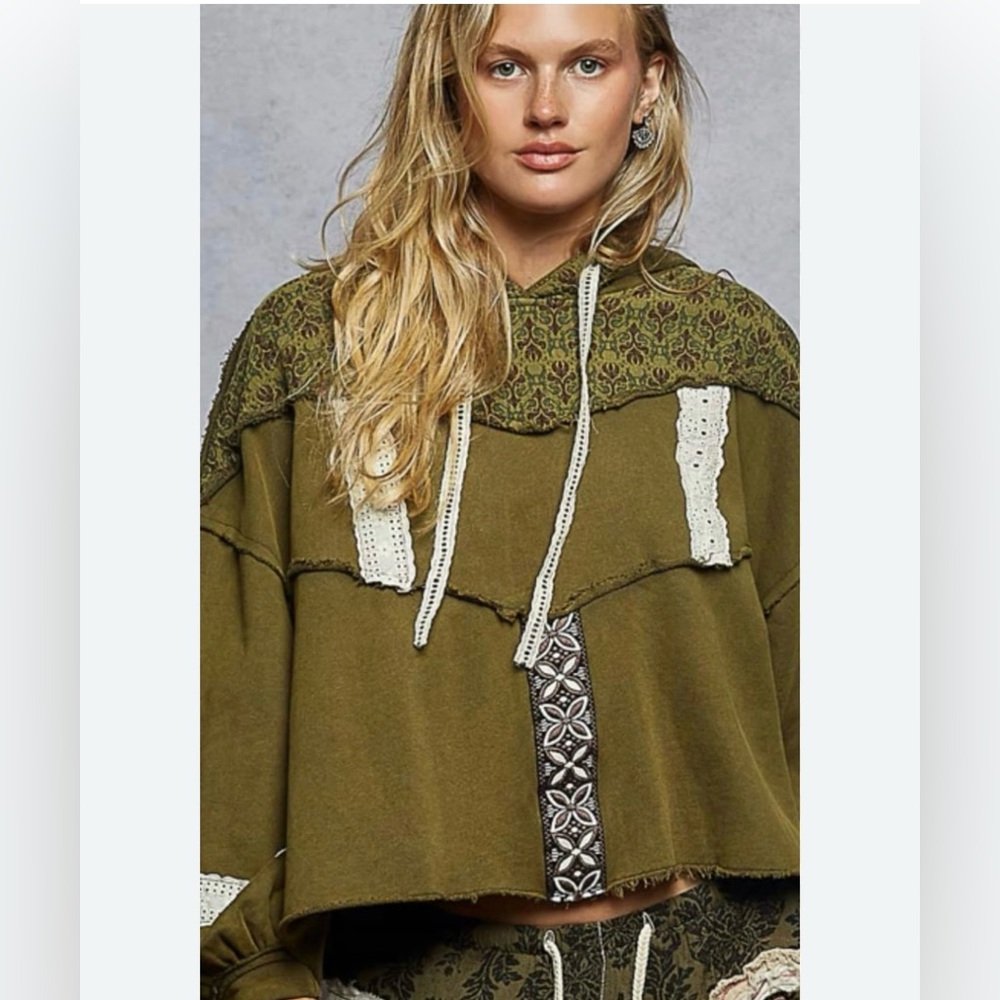 POL Olive Green hoodie with Lace Accents